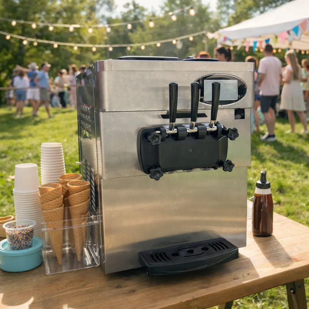 Kleine Softeismaschine auf Tisch bei Gartenparty